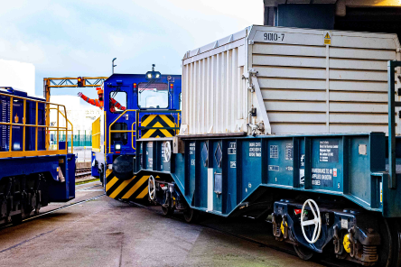 - Flask containing spent fuel arrives by train into the Fuel Handling Plant on the Sellafield site.